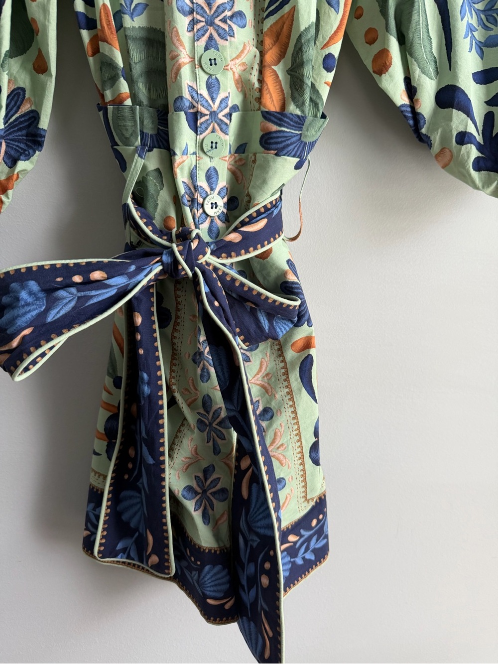 FARM Rio Mint Floral Puff-Sleeve Tie-Waist Jumpsuit with Navy & Coral Accents - Picture 2 of 4